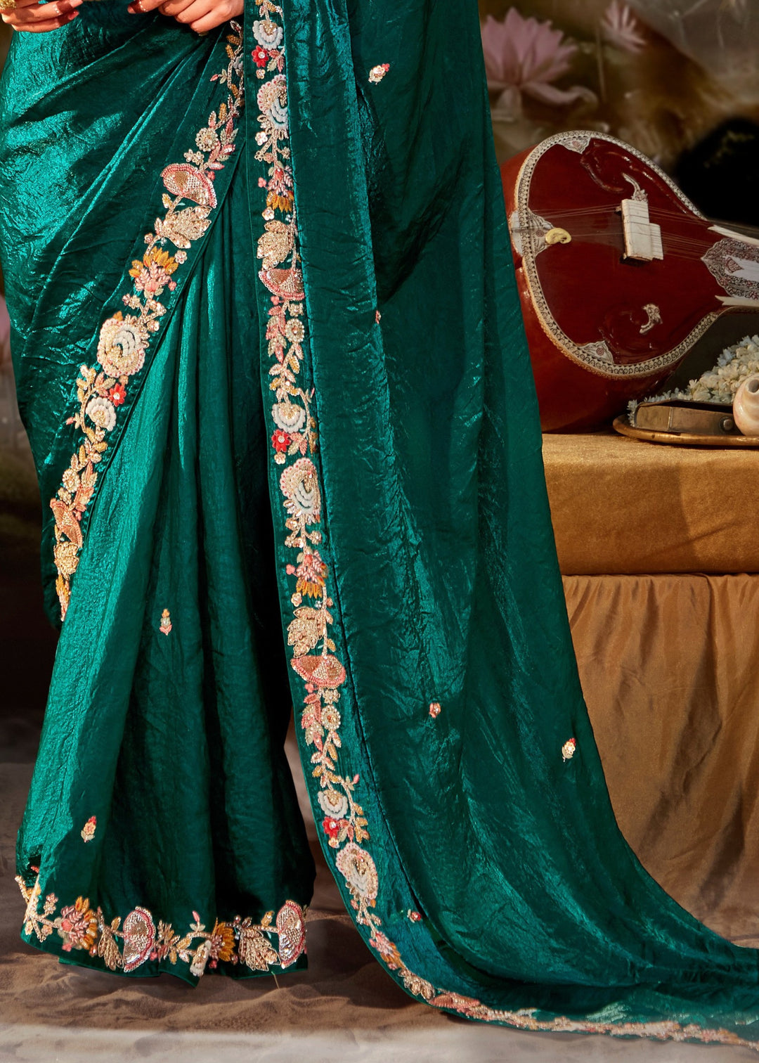 Multi-Shade And Green Saree With Embroidery And Handwork Designer Cut Border