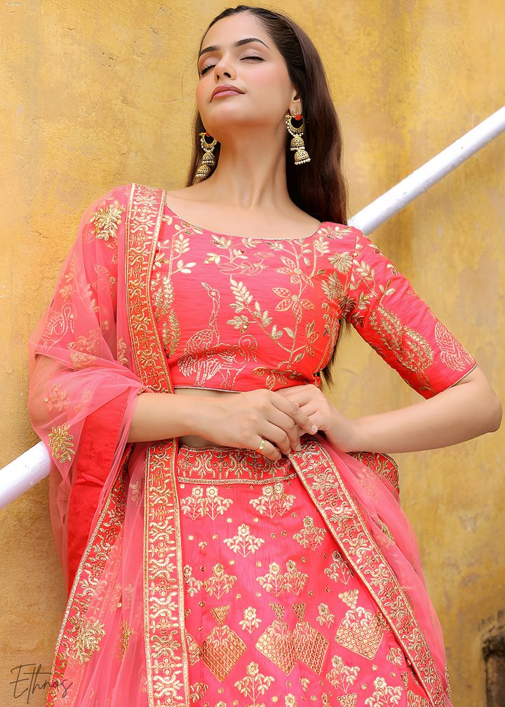 Peach Pink Slub Silk Lehenga With Dupatta