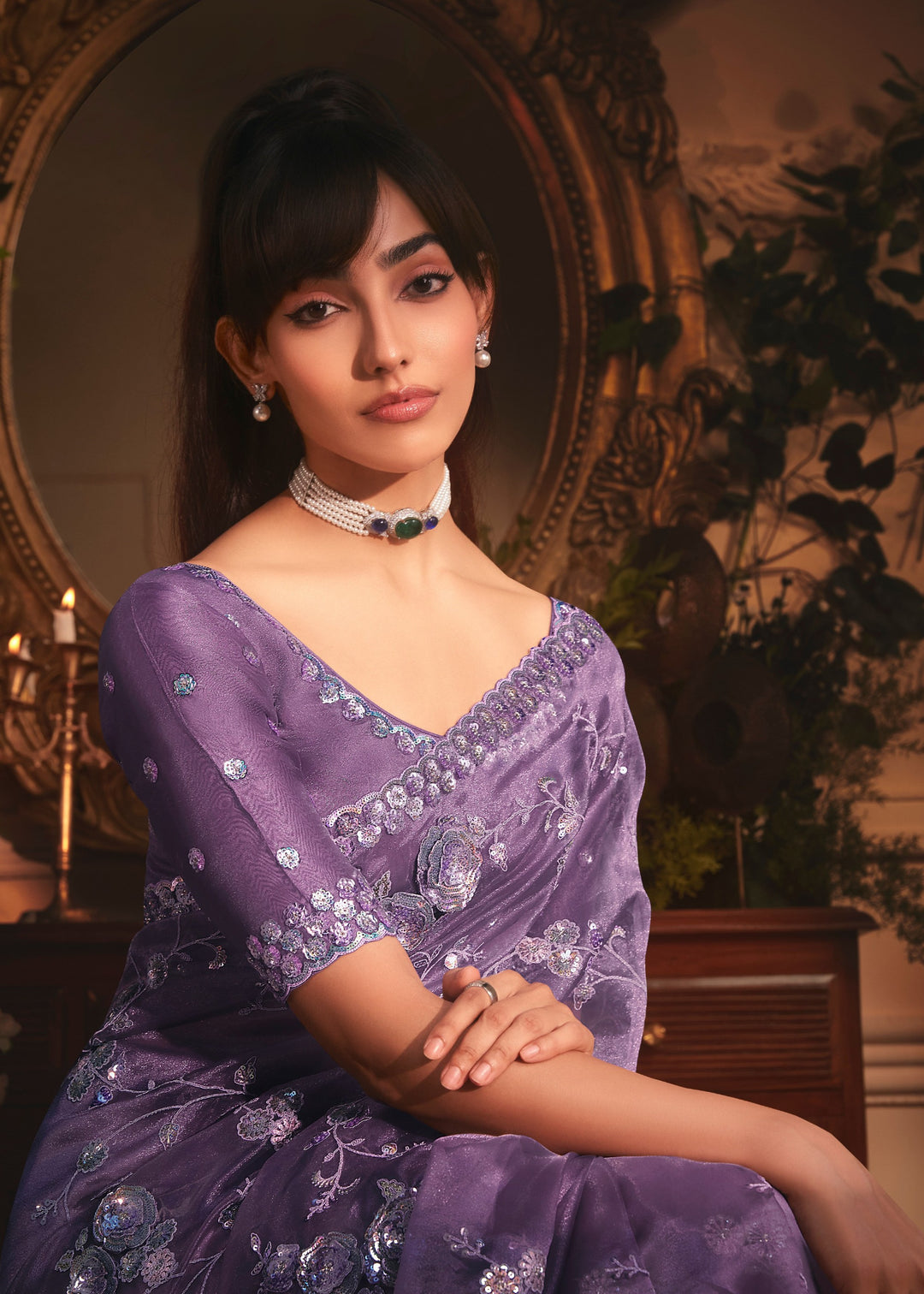 Lavender Purple Tissue Organza Saree With Heavy Embroidery