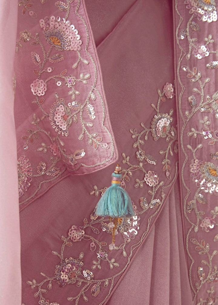 Crepe Pink Silk Saree With Embroidery