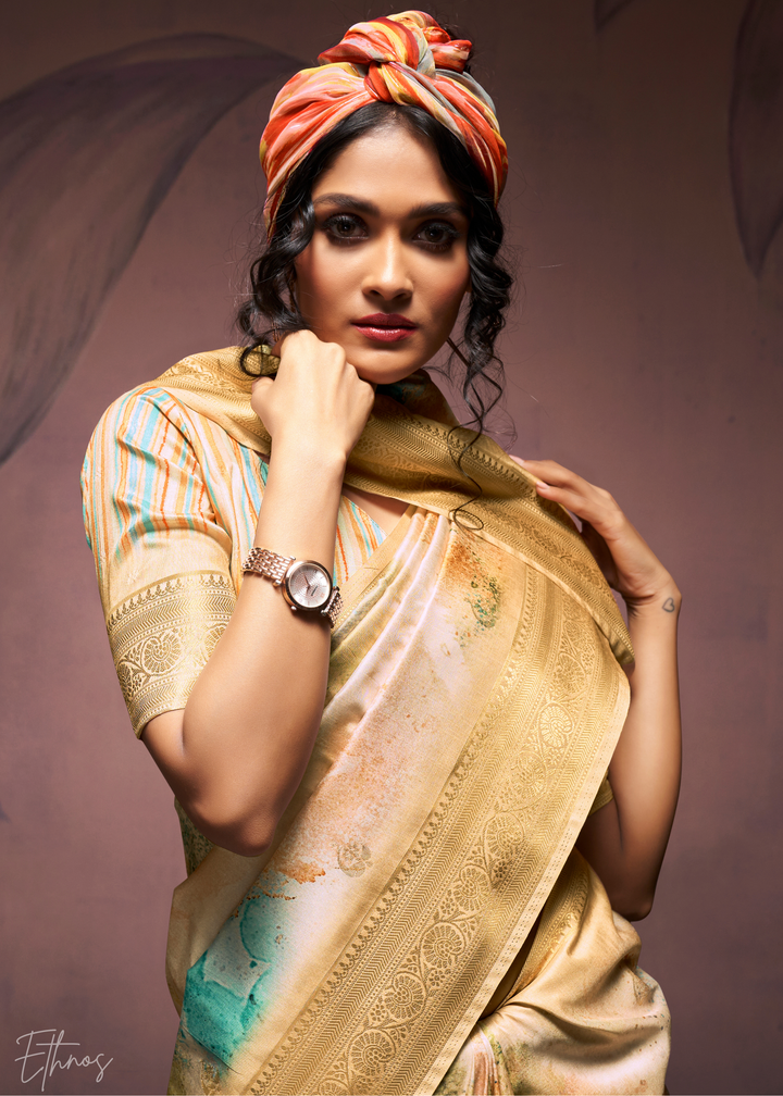 Beige Golden Handloom Weaving Silk Saree