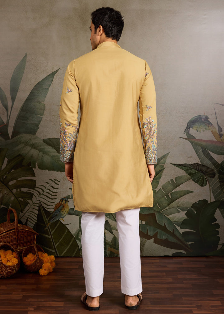 Mustard Yellow Mens Silk Kurta with Pant