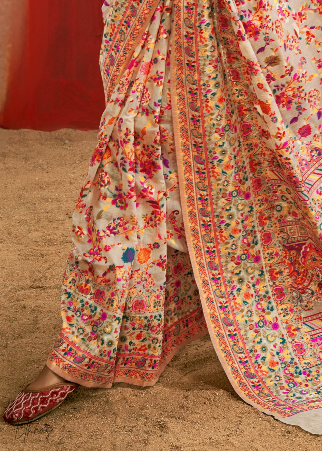 Soft Ivory Peach with Multicolour Kashmiri Floral Weave Saree