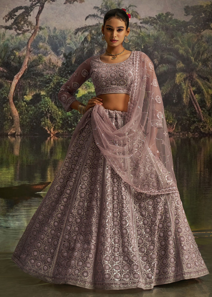 Mauve Soft Net Lehenga With Tonal Embroidery