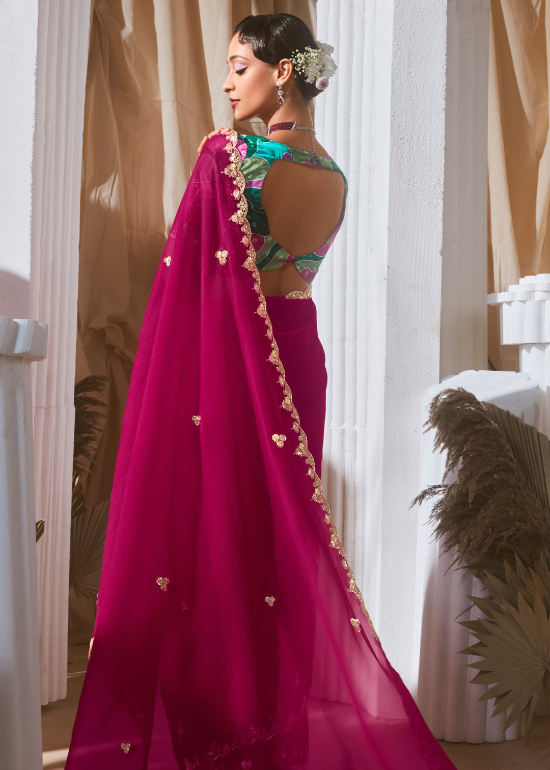 Ruby Pink Fancy Silk Saree With Printed Blouse