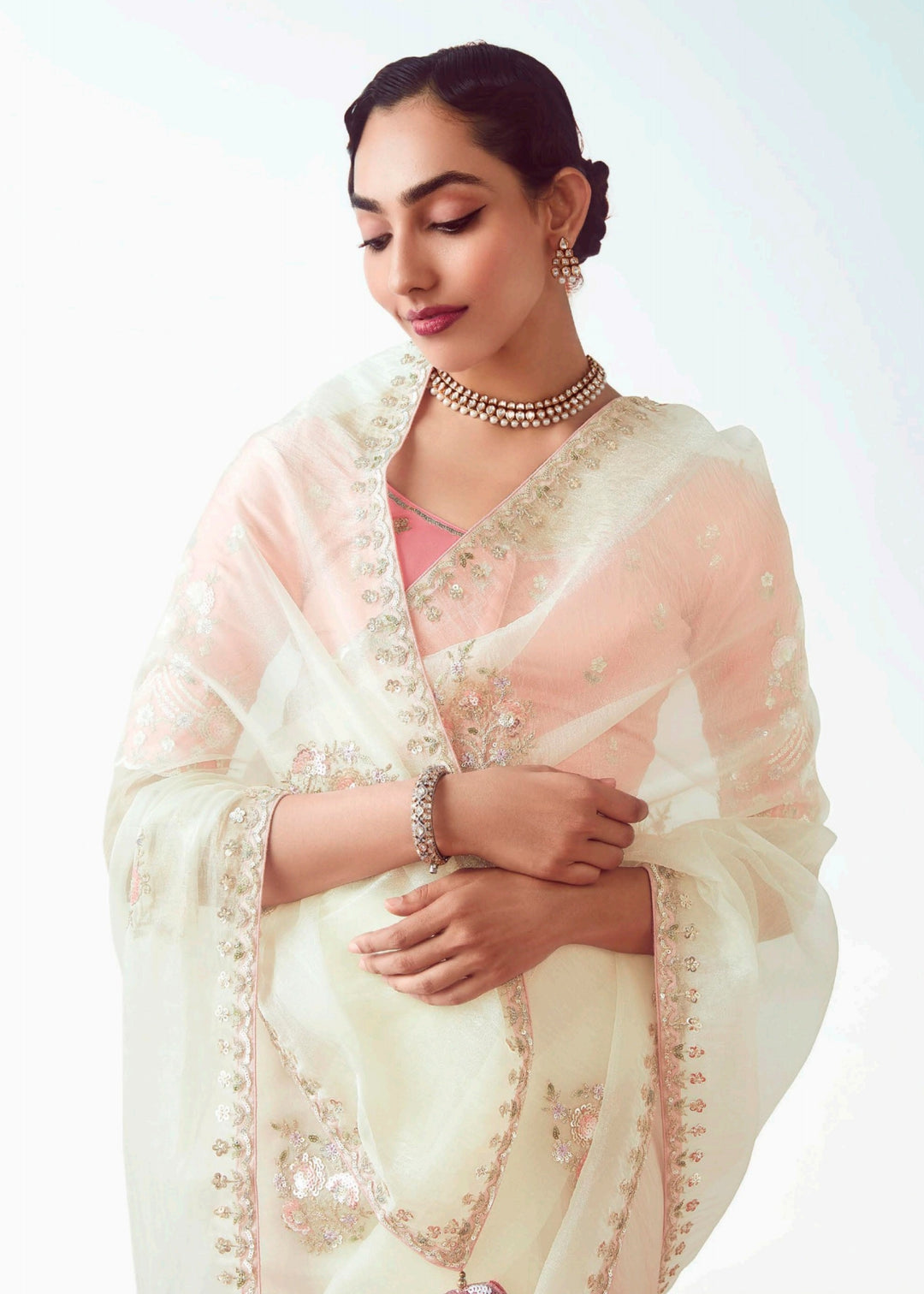 Pearl White Fancy Fabric Silk Saree With Hand Embroidered Work And Cut Work Border