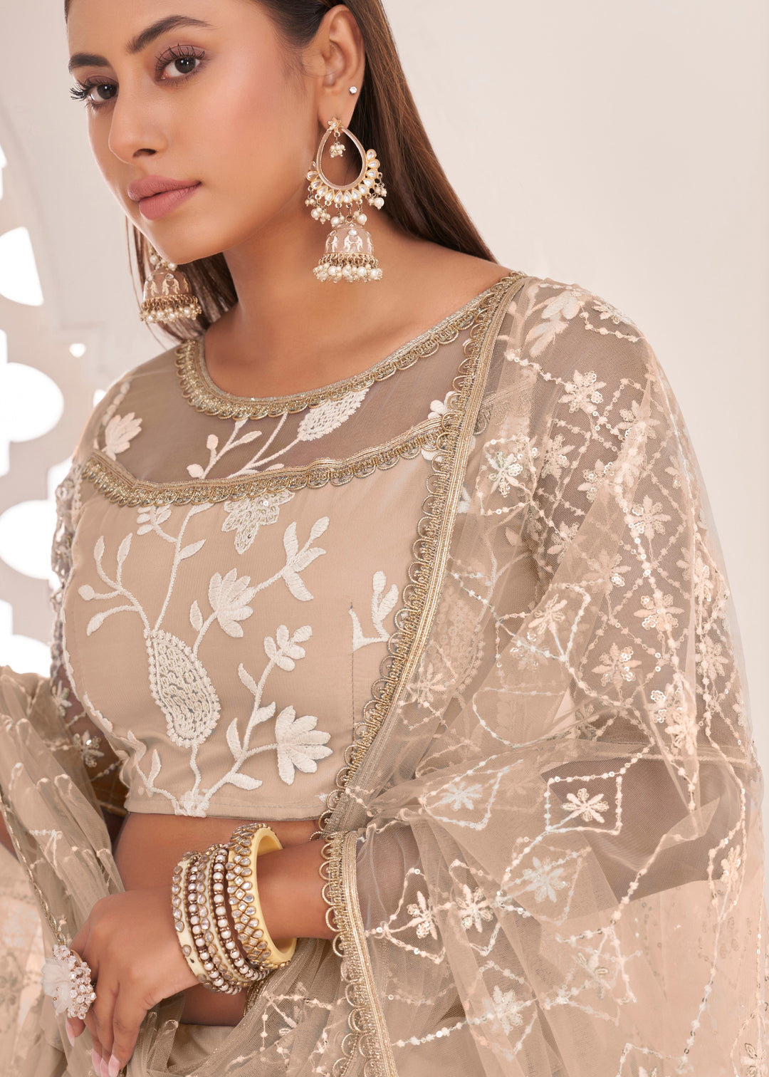 Sand Brown Designer Soft Net Lehenga With Cotton Thread And Sequins Embroidery Work