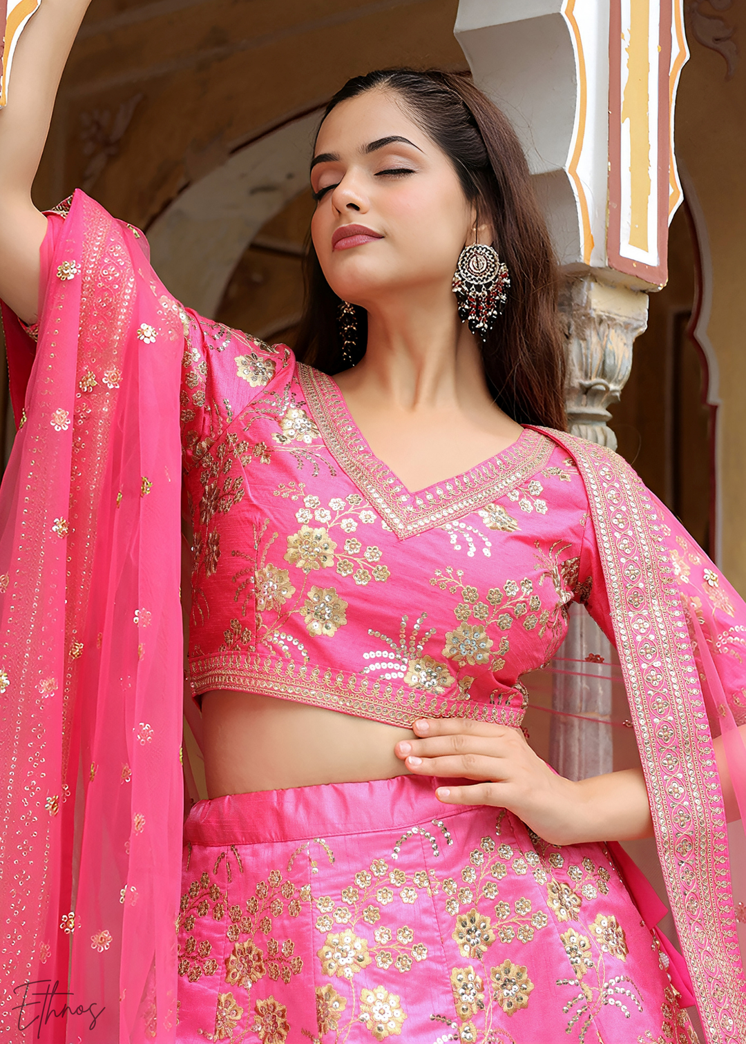 Neon Pink Slub Silk Lehenga With Dupatta