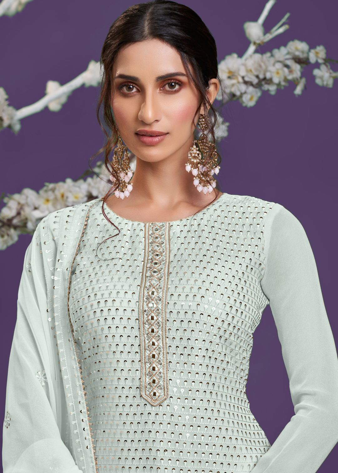 Light Coral Blue Georgette Sharara Suit with Thread, Sequins & Khatli work