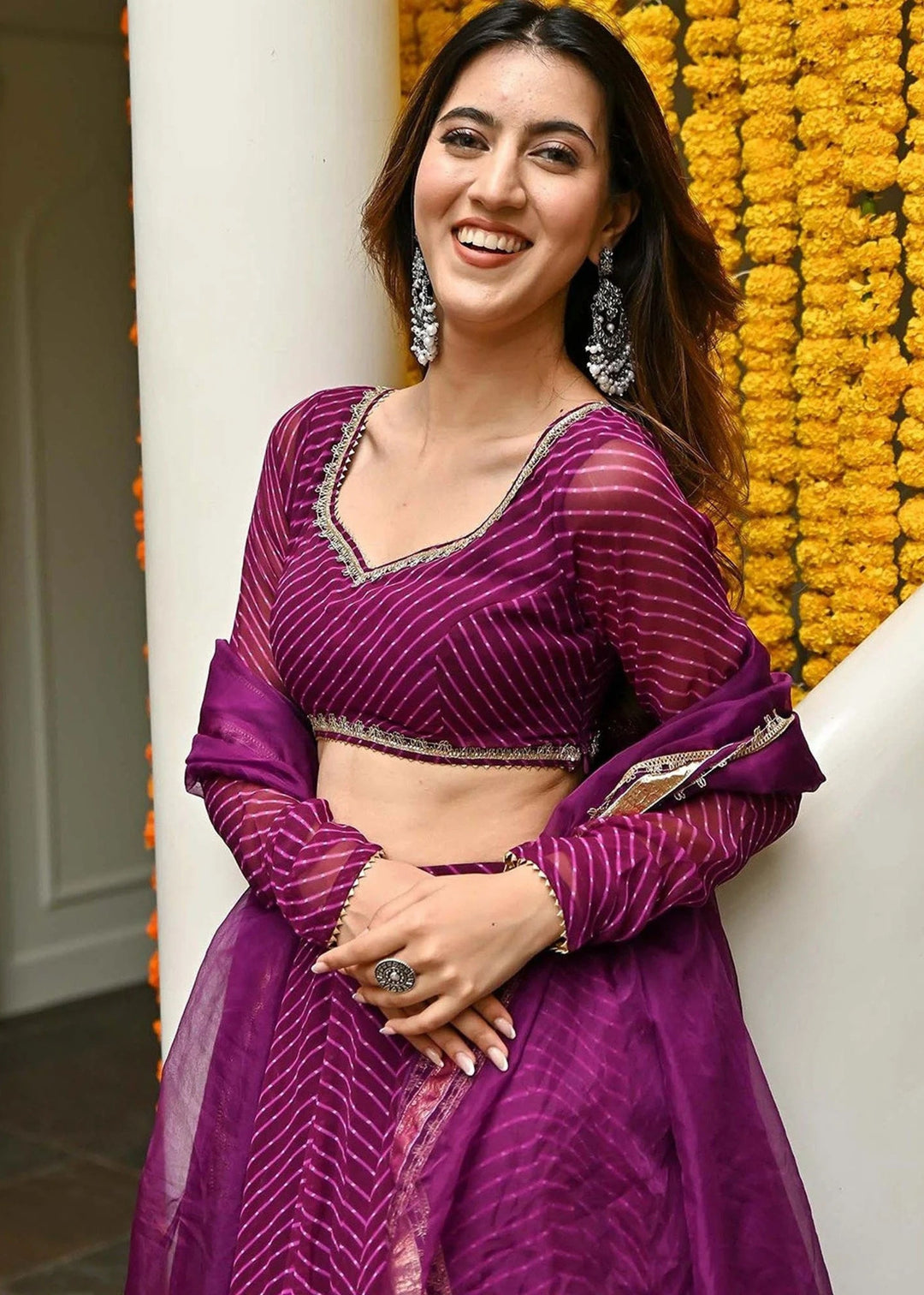 Grape Purple Georgette Leheriya Print Lehenga With Zari And Lace Work