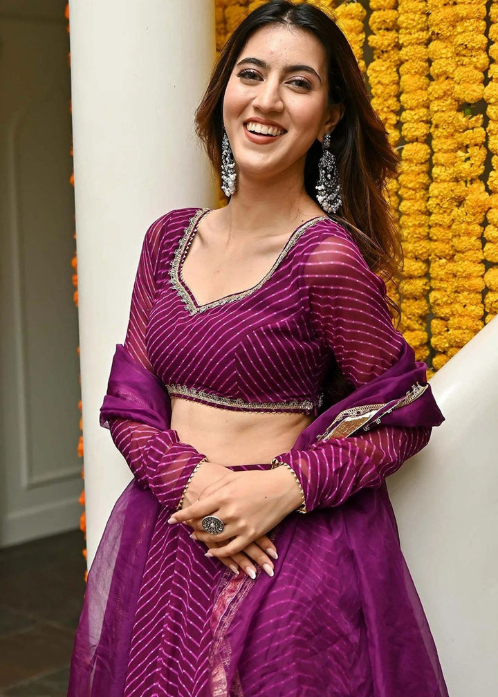 Grape Purple Georgette Leheriya Print Lehenga With Zari And Lace Work