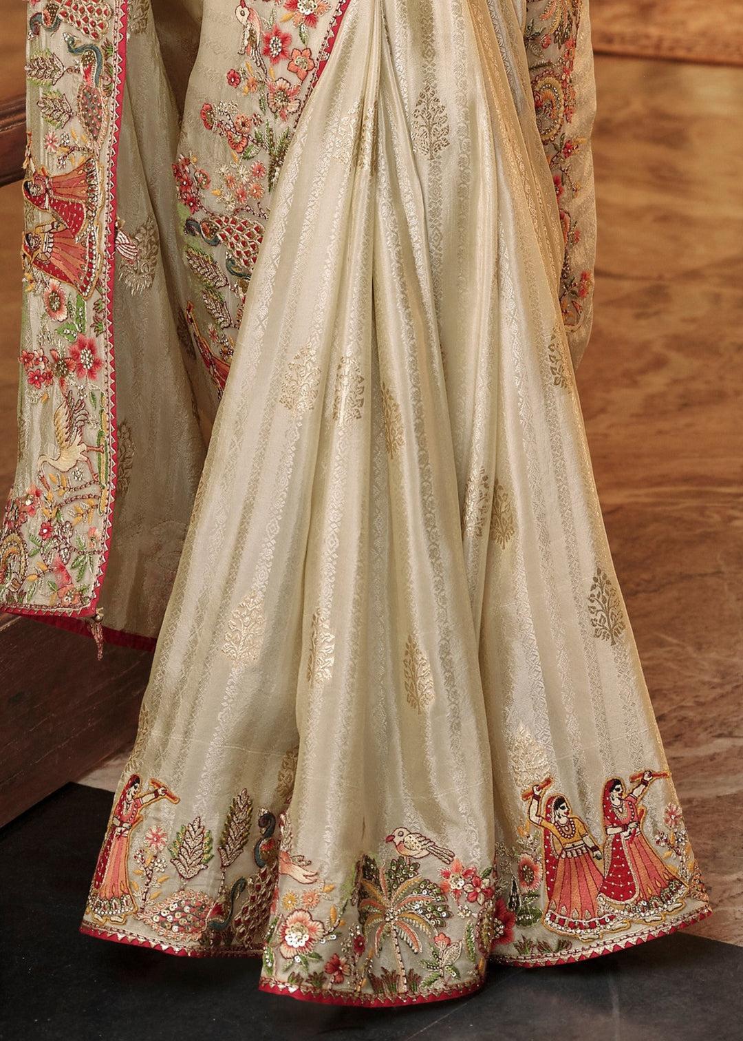 Vanila White With Pink Floral Embroidery Silk Saree