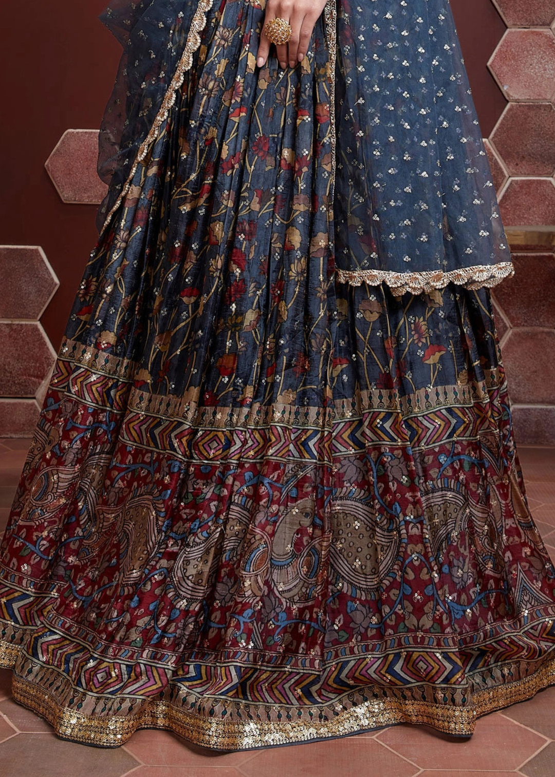 Dark Blue Floral Printed Chinon Silk Lehenga Choli with Sequins & Mirror work : Top Pick
