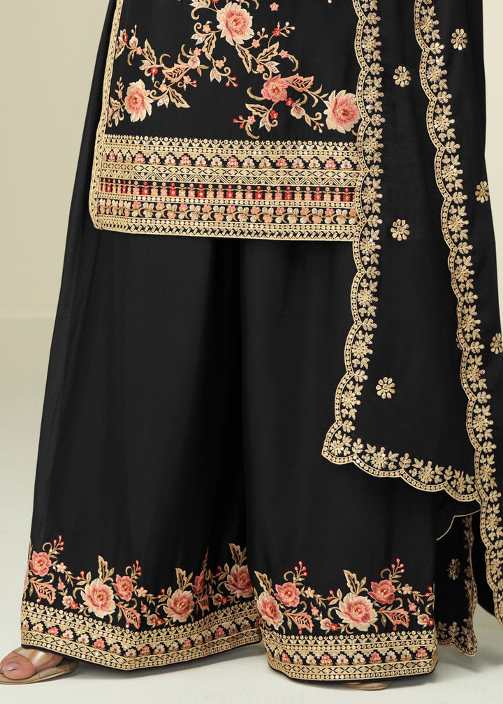 Raven Black Chinon SIlk Plazo Suit With Embroidered Work