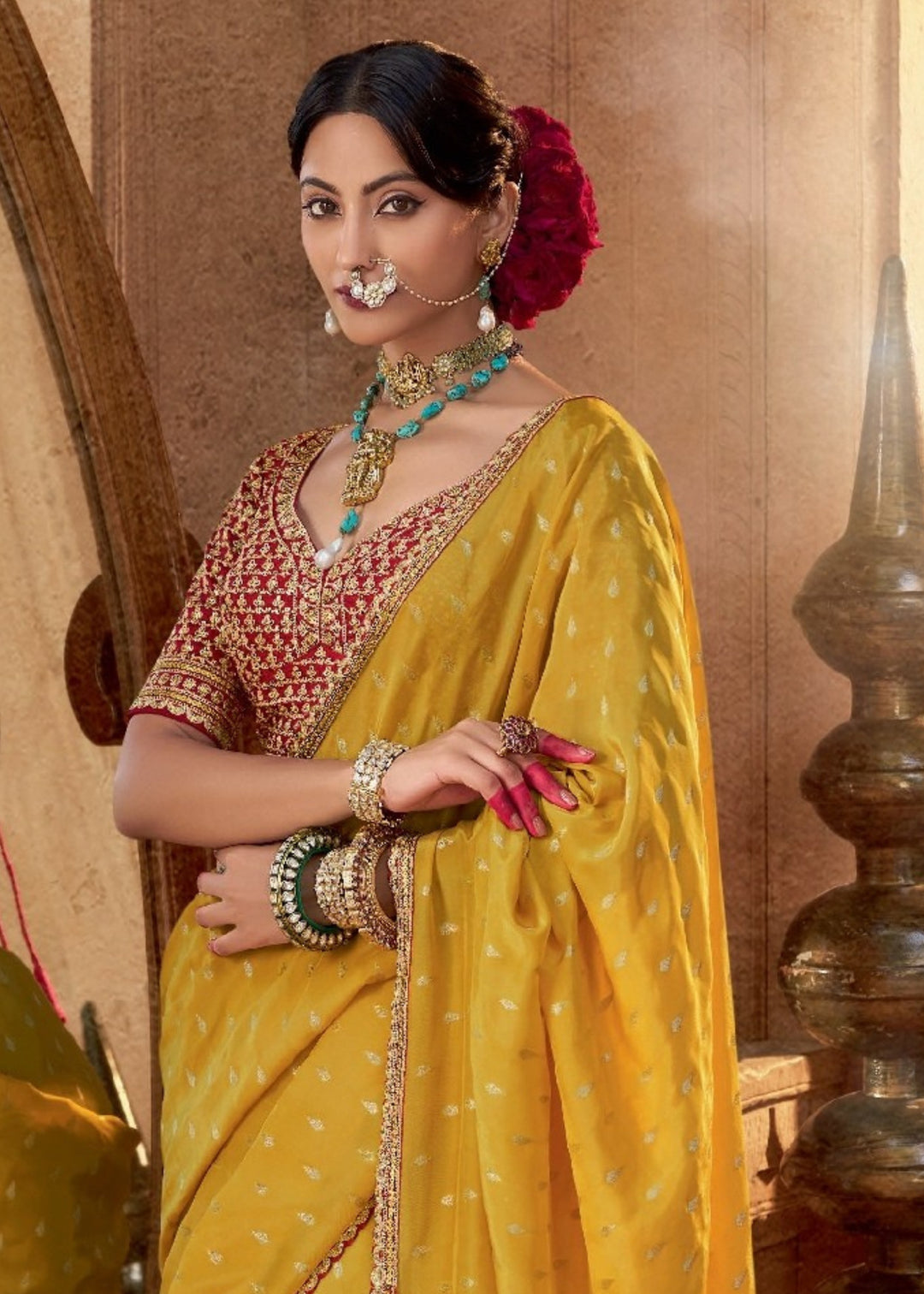 Yellow Pure Viscous Crepe based fabric with Hand dying & Butti weaving Saree