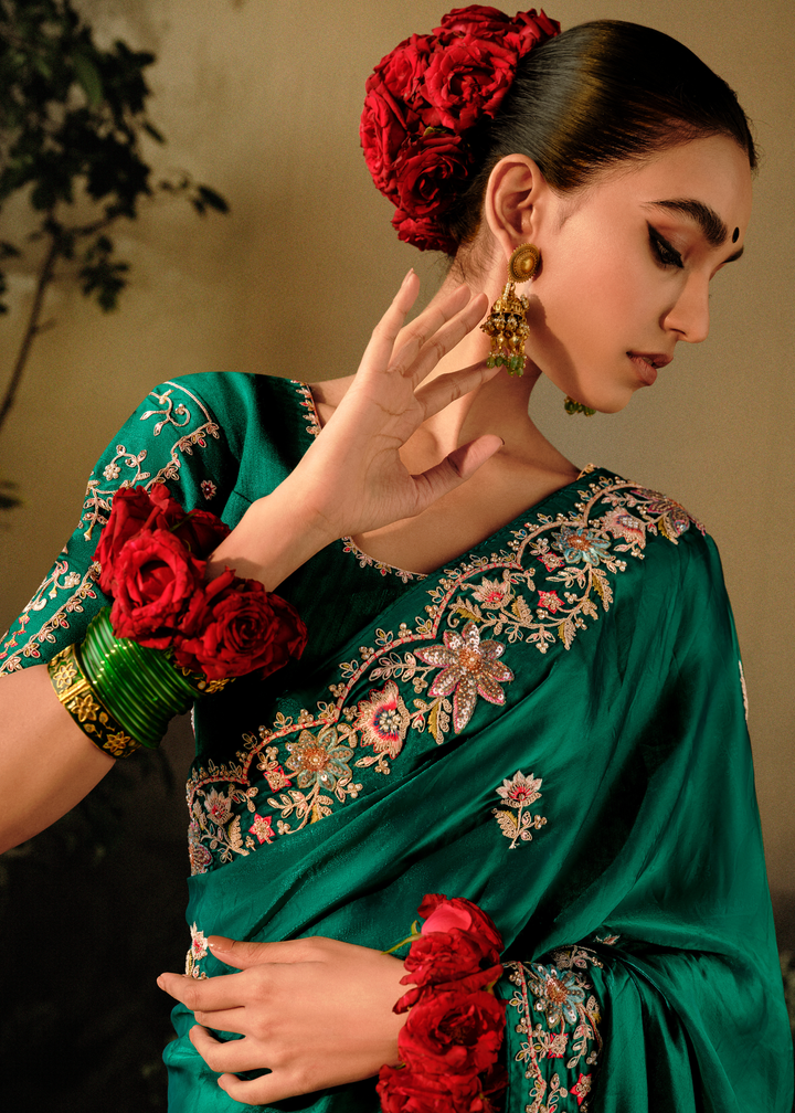 Dark Greasy Green Dola Silk Saree with Hand Embroidery work