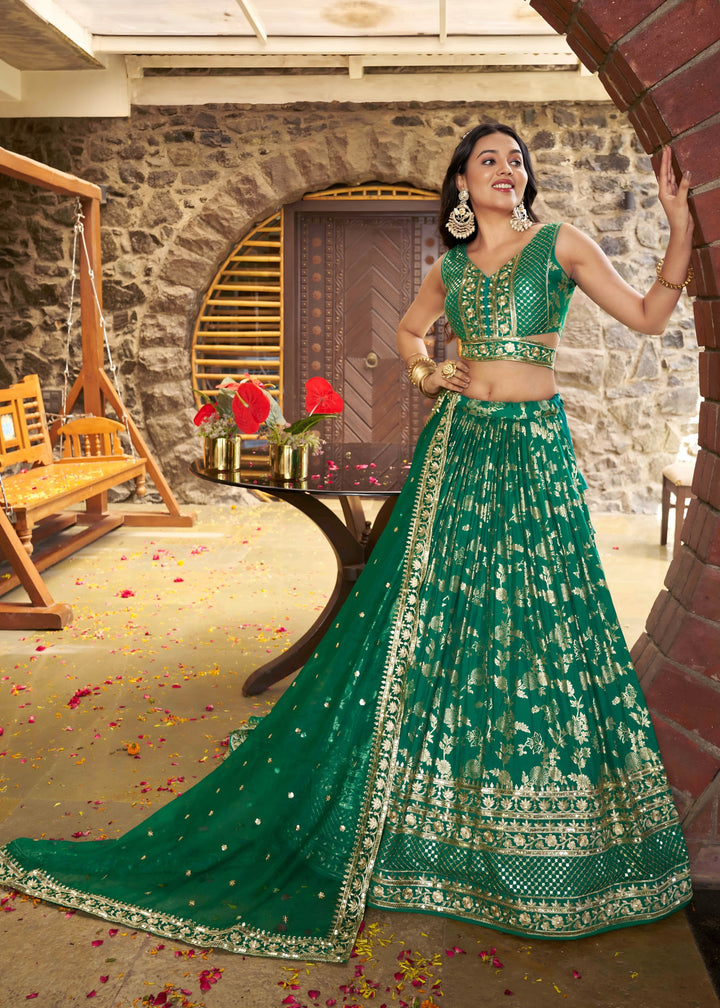 Rama Green Sequins and Zari Embroidery Work Silk Lehenga