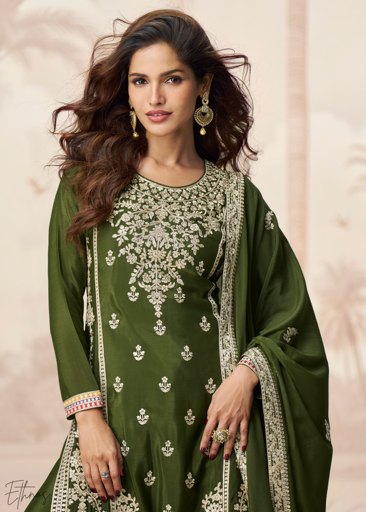 Moss Green Chinnon Silk Palazzo Suit