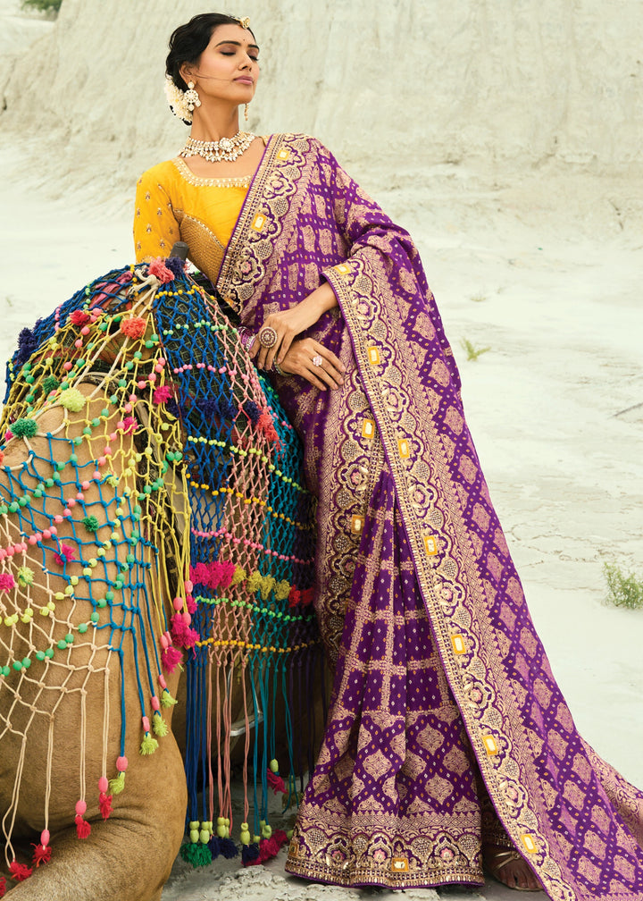 Indigo Purple Georgette Bandhej Saree With Moti & Cut-Dana Handwork Border