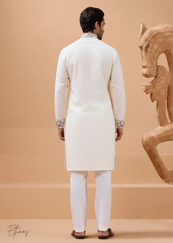 White Mens Wear Silk Kurta With Pant And Dupatta
