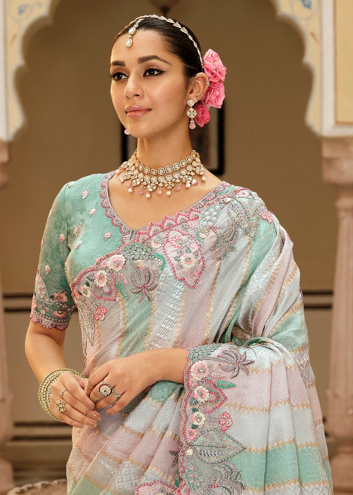 Pastel Mint Green & Pink Stripes with Floral embroidery Silk Saree