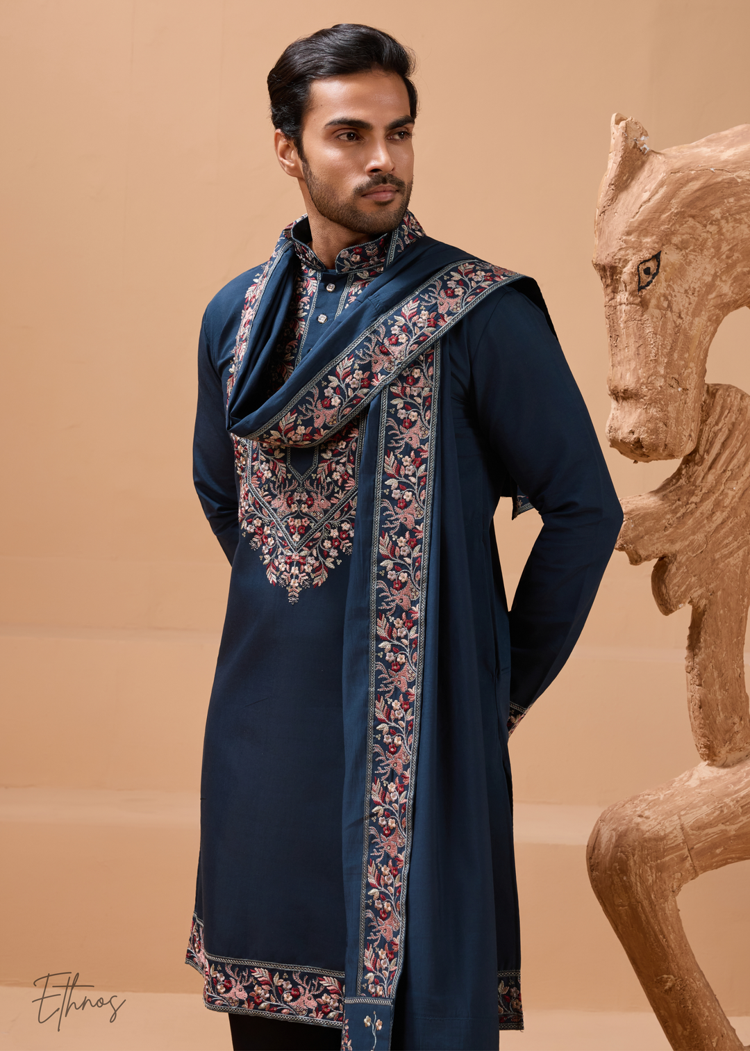 Teal Blue Mens Wear Silk Kurta With Pant And Dupatta