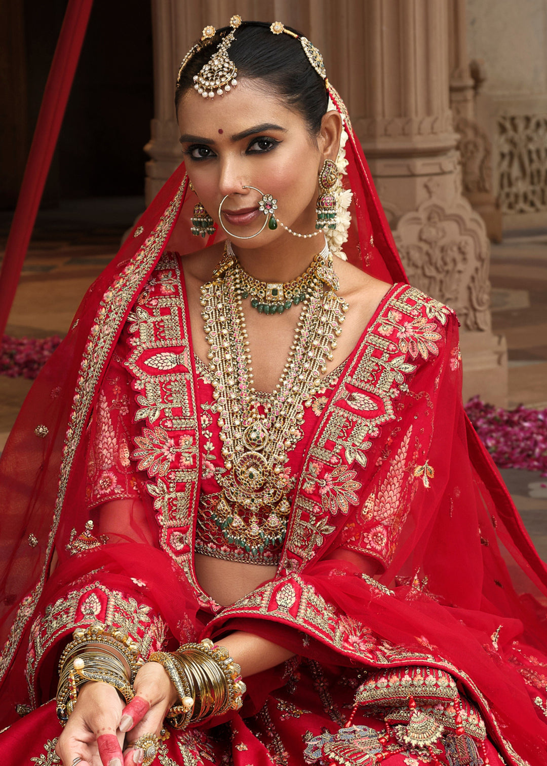 Cherry Red Heavy Bridal Silk Lehenga With Khatli And Embroidery Work