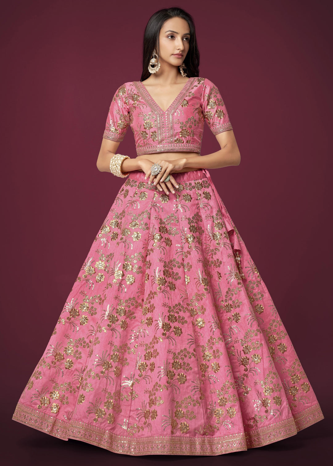 Pink Slub Silk Lehenga with Zari Sequins and Dori Embroidery Work