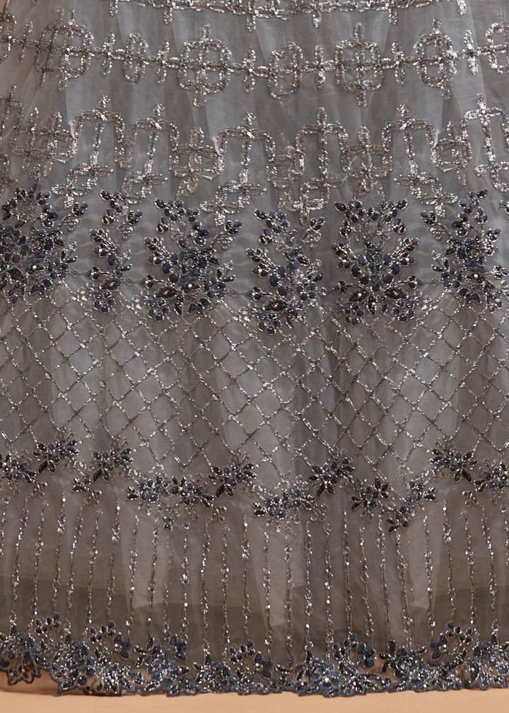 Light Grey Designer Soft Net Lehenga Choli with Zari, Dori & Thread Embroidery work