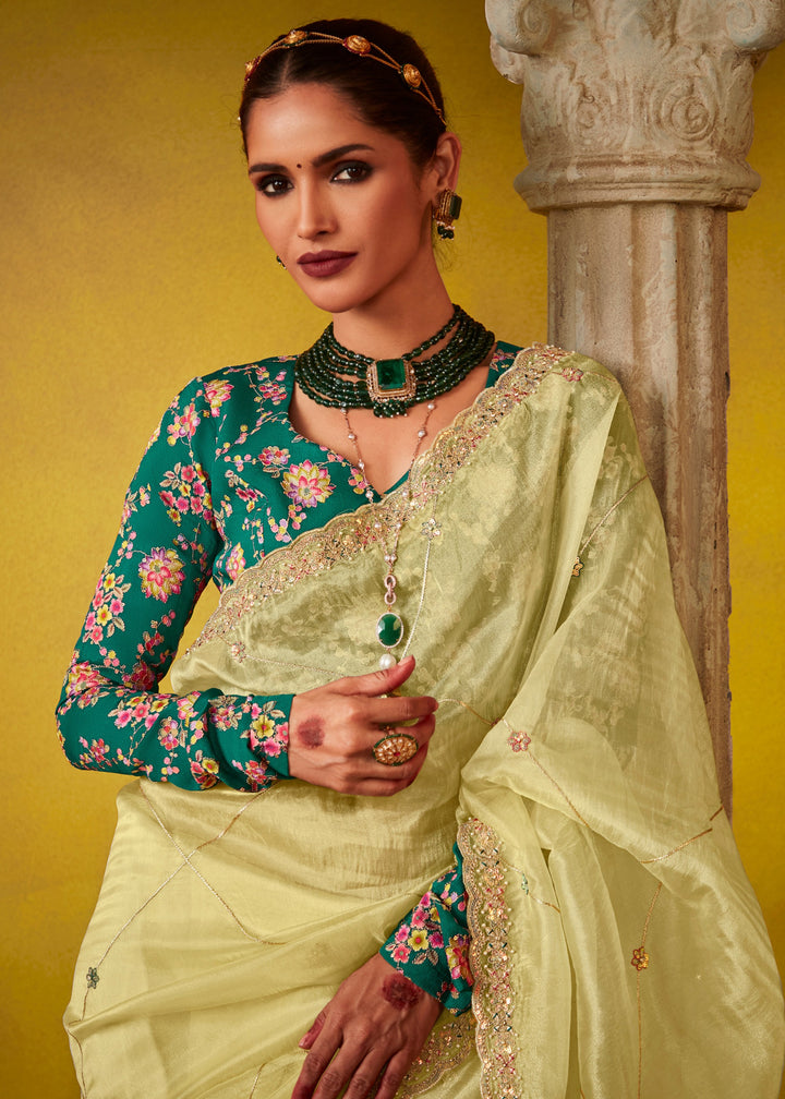 Lemon Yellow Glass Tissue Silk Saree