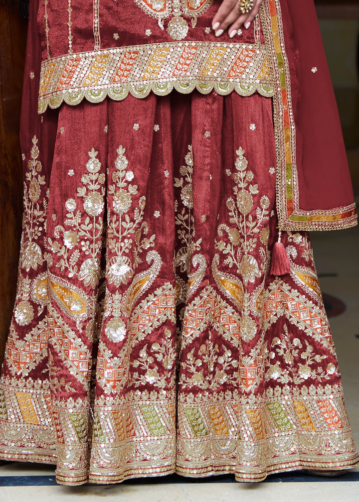 Maroon Red Simmer Silk Palazzo Suit With Embroidered Work
