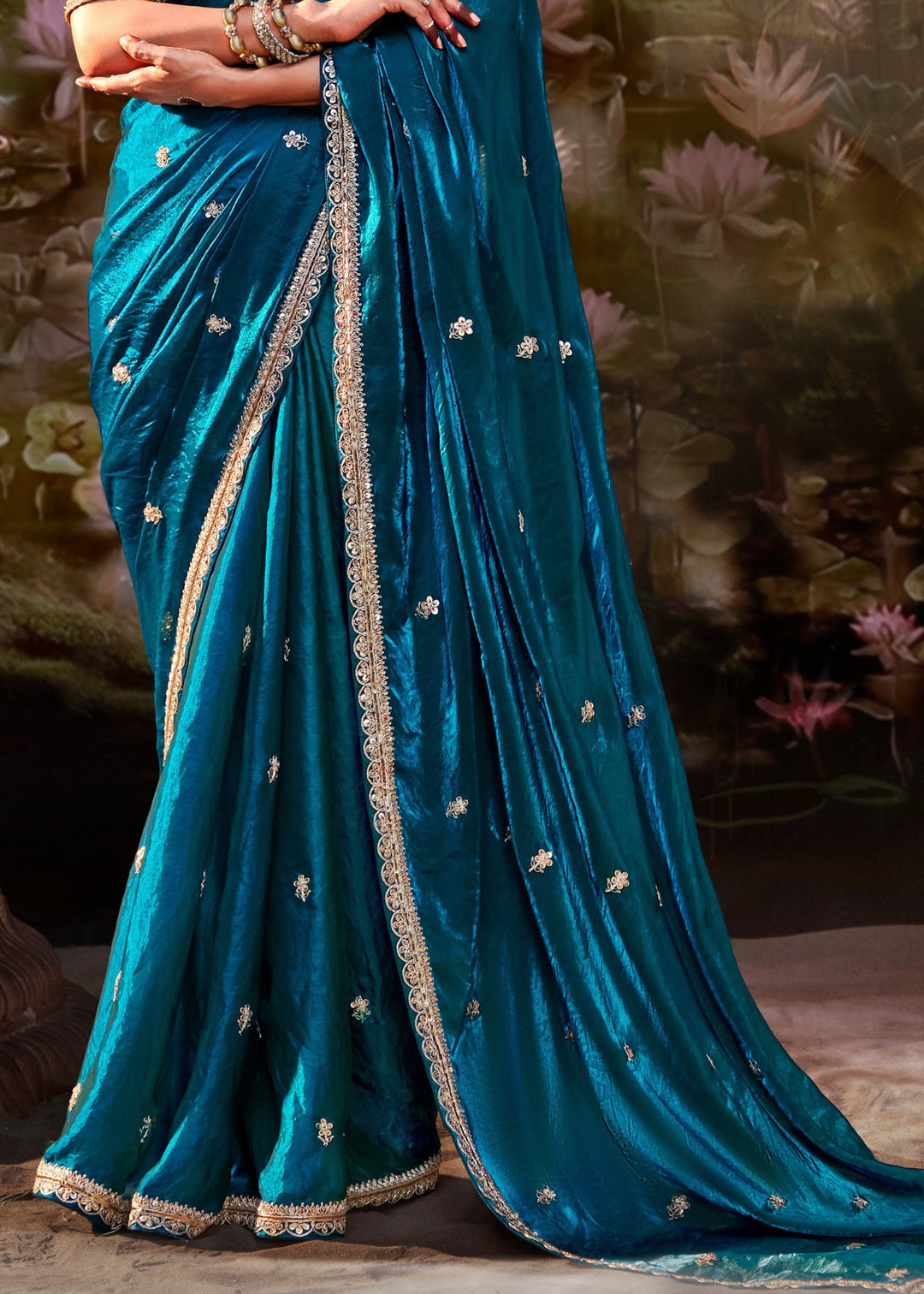 Mustard And Teal Blue Saree With Embroidery And Handwork Designer Cut Border