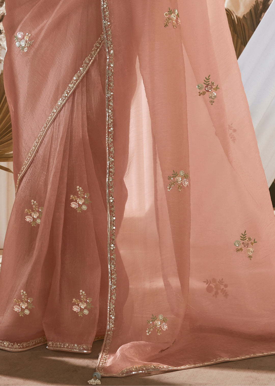 Peach Pink Fancy Silk Saree With Printed Blouse