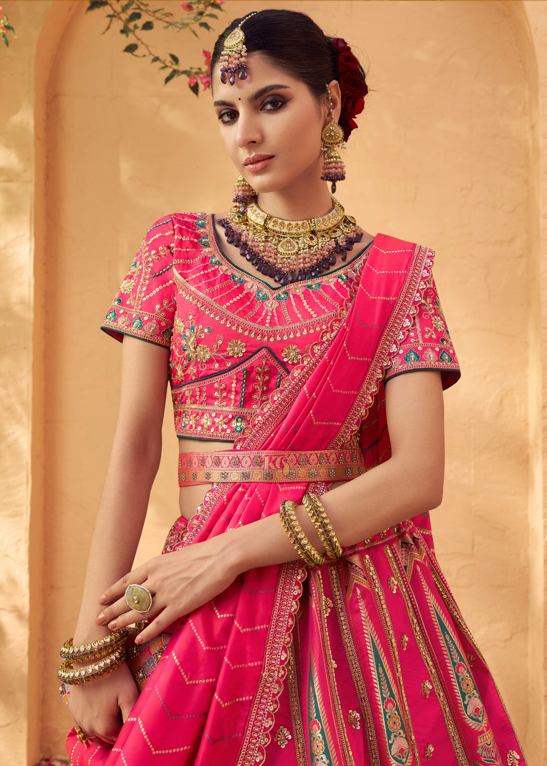 Neon Pink Banarasi Silk Lehenga Choli With Zarkan And Cut Work