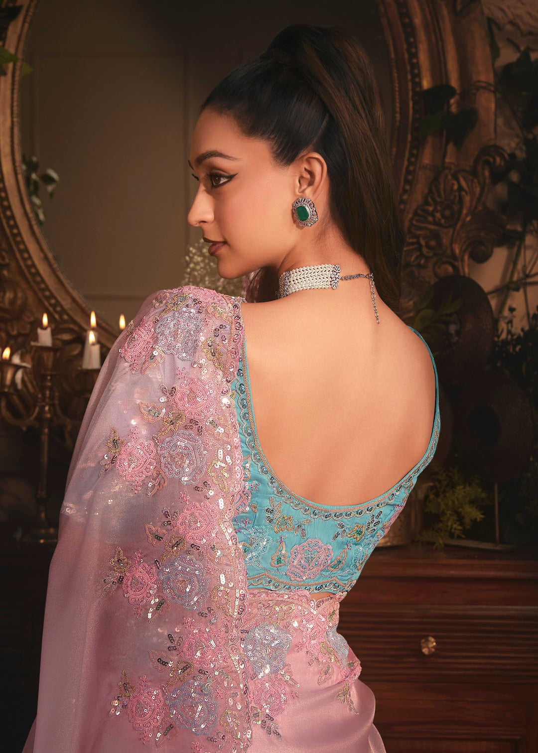 Baby Pink Tissue Organza Saree With Heavy Embroidery