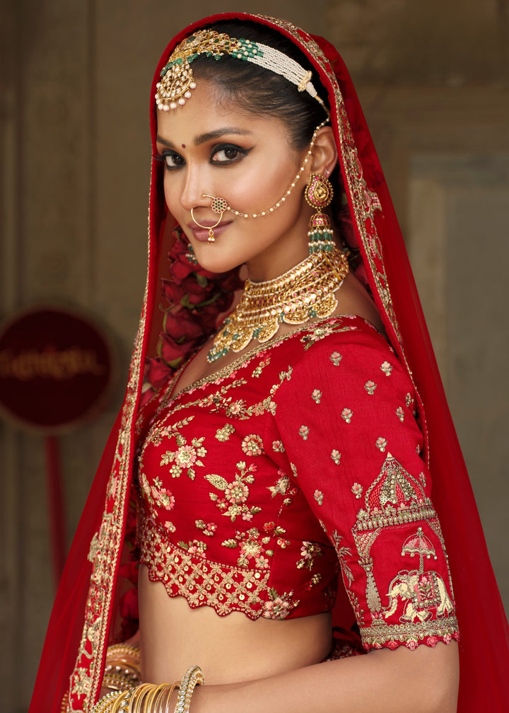 Candy Red Heavy Bridal Silk Lehenga With Khatli And Embroidery Work
