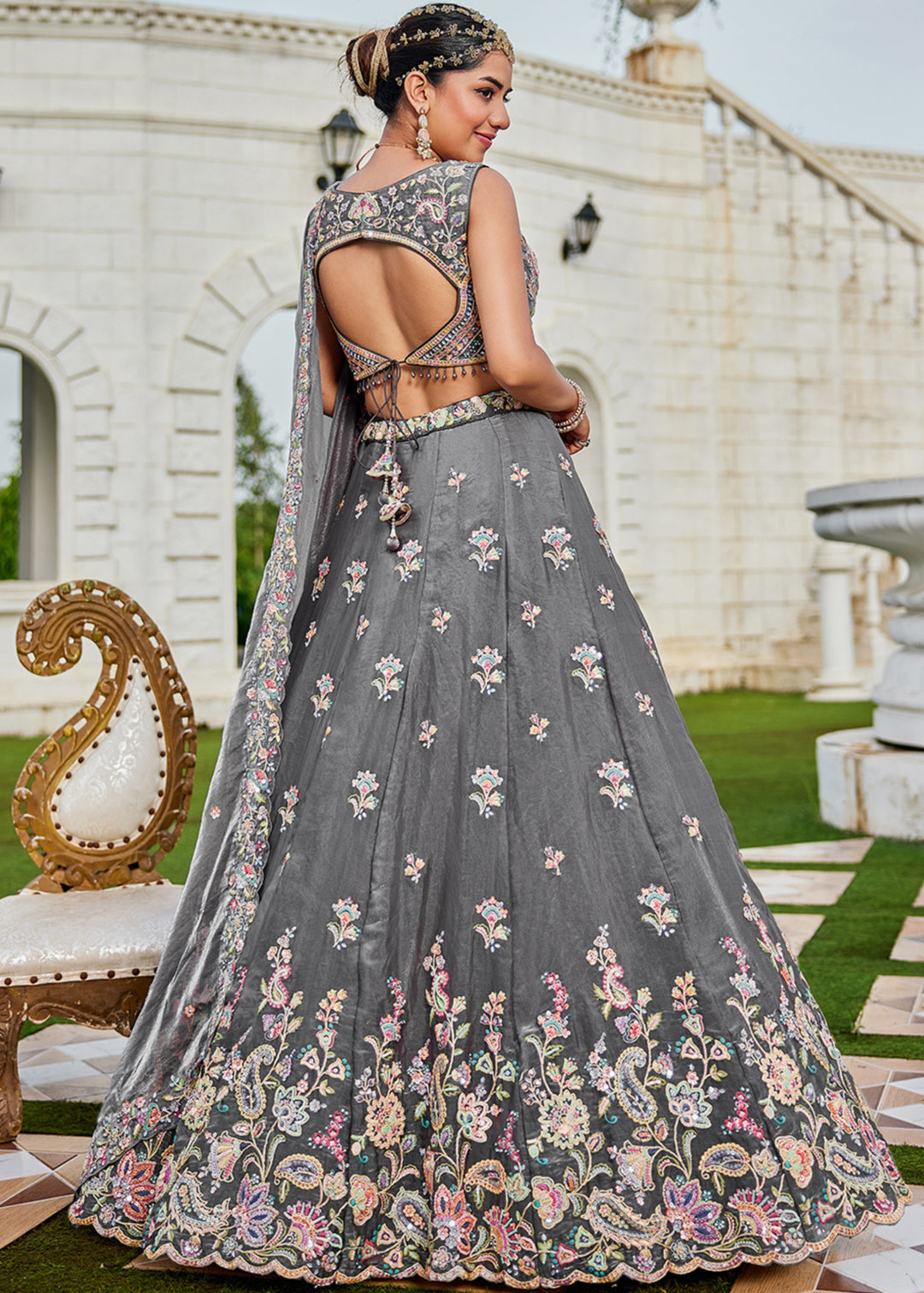 Grey Tissue Lehenga Choli with Sequinned Embroidered