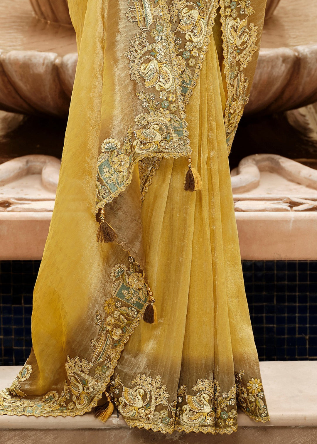 Golden Yellow with Antique Gold embroidery Silk Saree