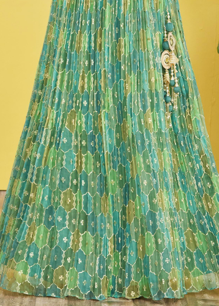Shades Of Green Digital Printed Organza Lehenga with Thread,Zari & Sequins Work