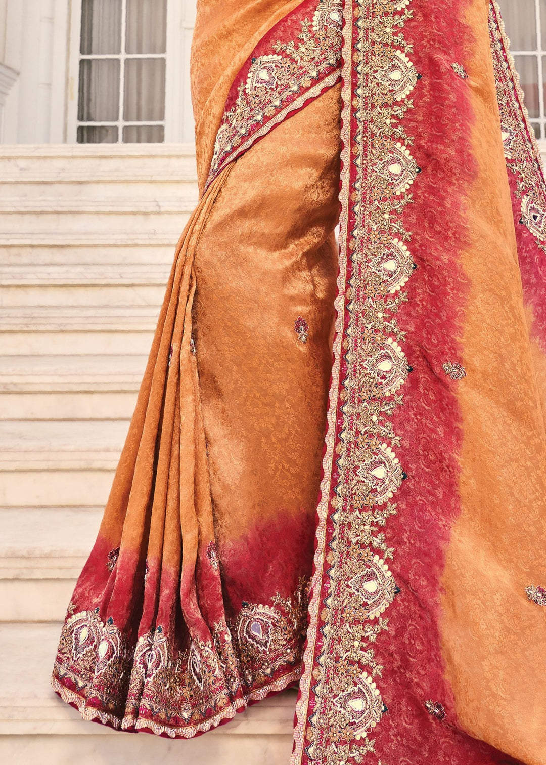 Peach Natural Crape Jaquard Saree With Jari Work
