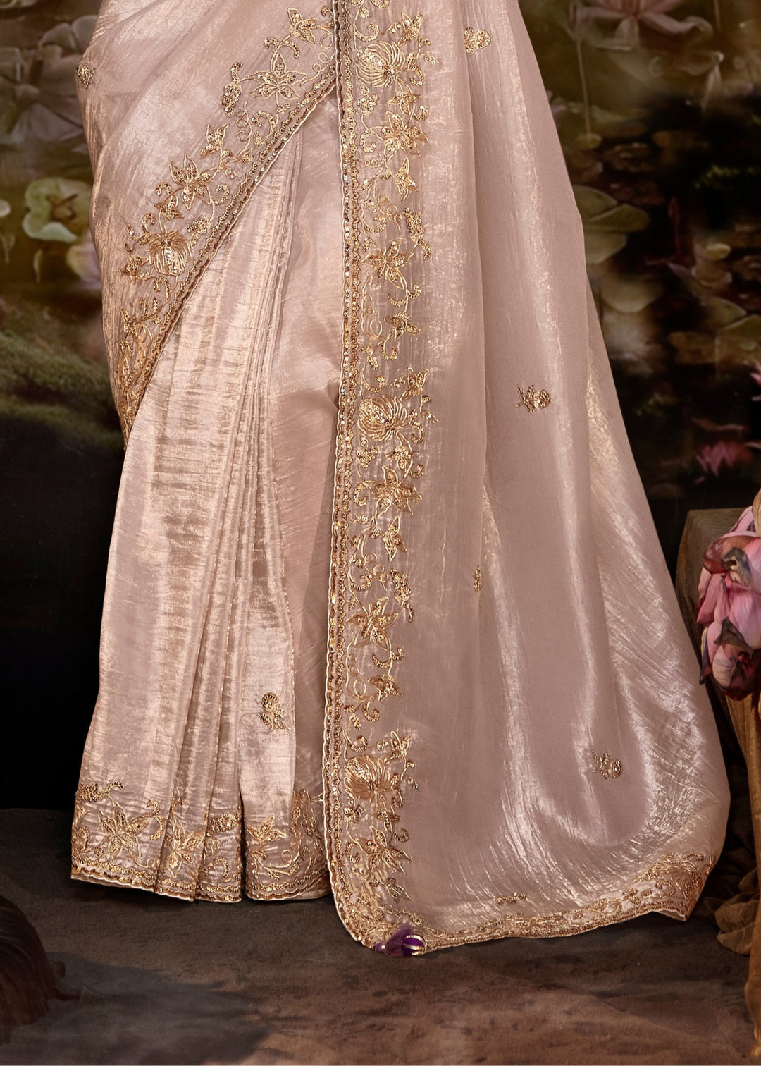 Purple And Cream Saree With Embroidery And Handwork Designer Cut Border
