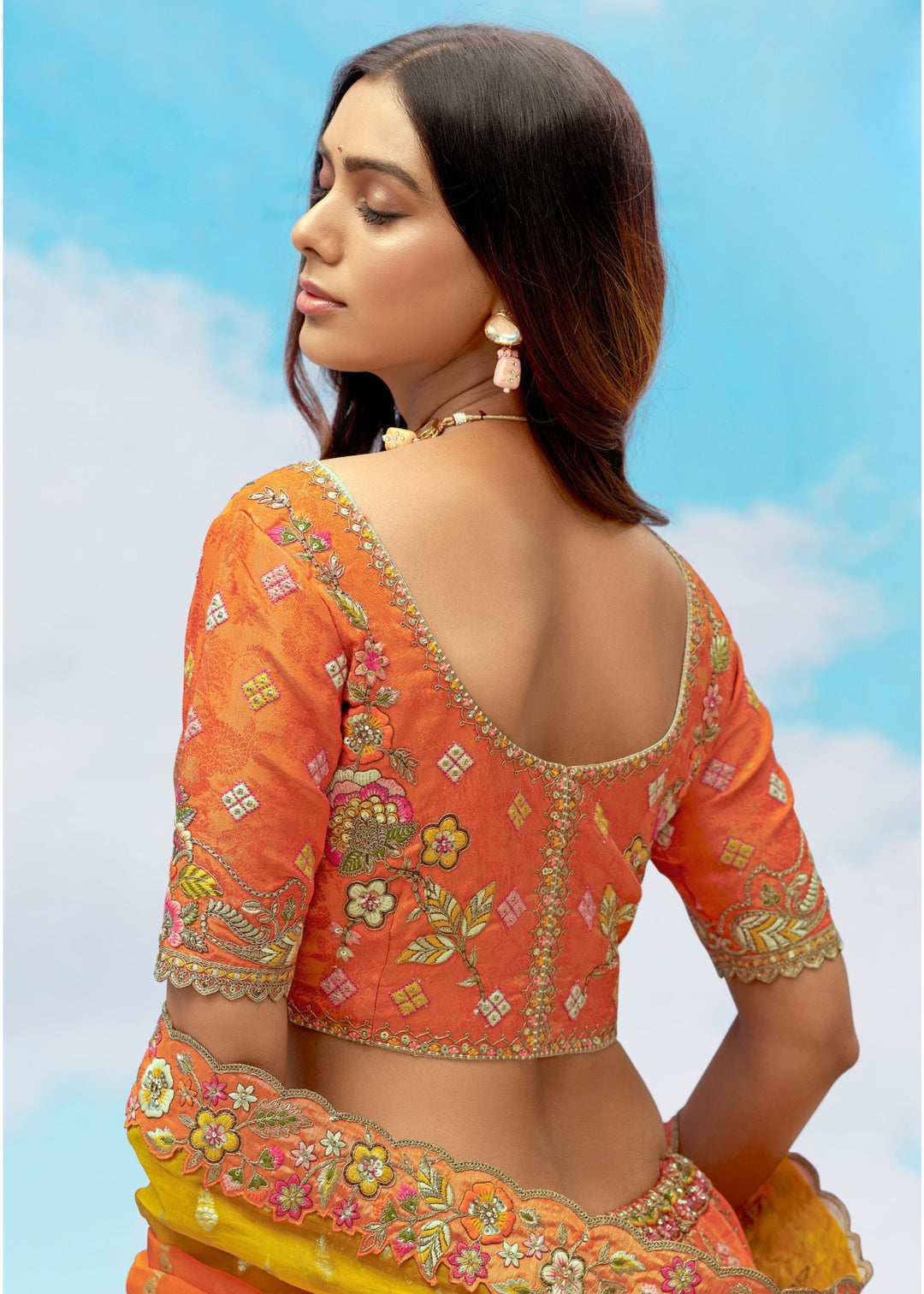 Orange and Yellow Silk Lehenga With Cut Work Border