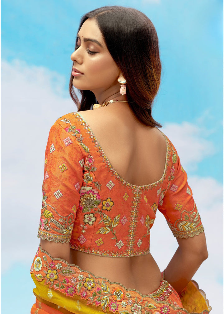 Orange and Yellow Silk Lehenga With Cut Work Border