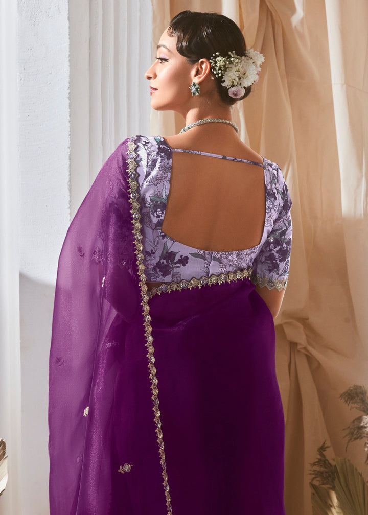 Grape Purple Fancy Silk Saree With Printed Blouse