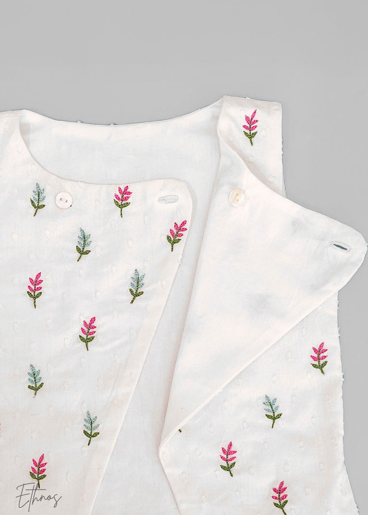 Organic Cotton Pink & White kurta Set with Jacket - Floral