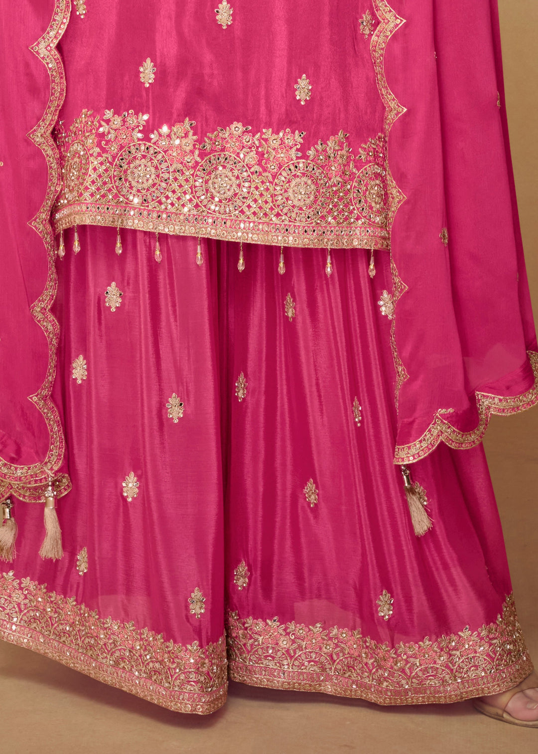 Rose Pink Chinon Palazzo Silk Suit With Beautiful Embroidery Work