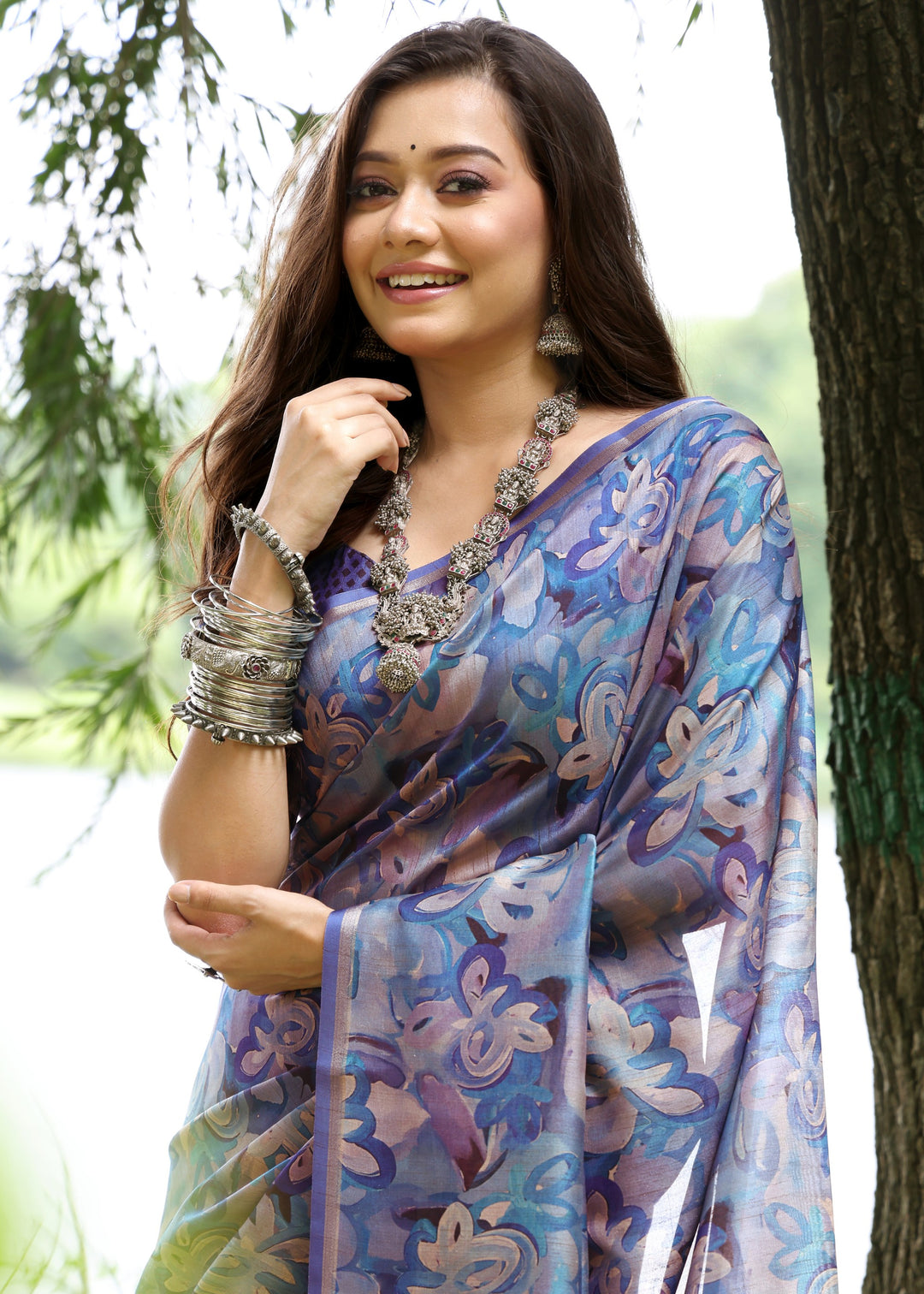 Blue Flower Printed Design Cotton Silk Saree With Printed Pallu