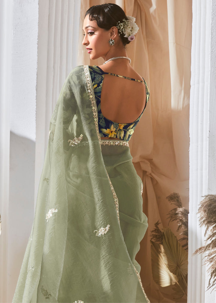 Mint Green Fancy Silk Saree With Printed Blouse
