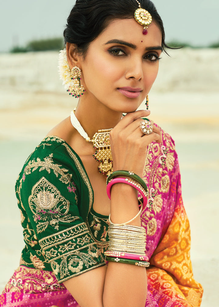 Yellow & Pink Georgette Bandhej Saree With Moti & Cut-Dana Handwork Border