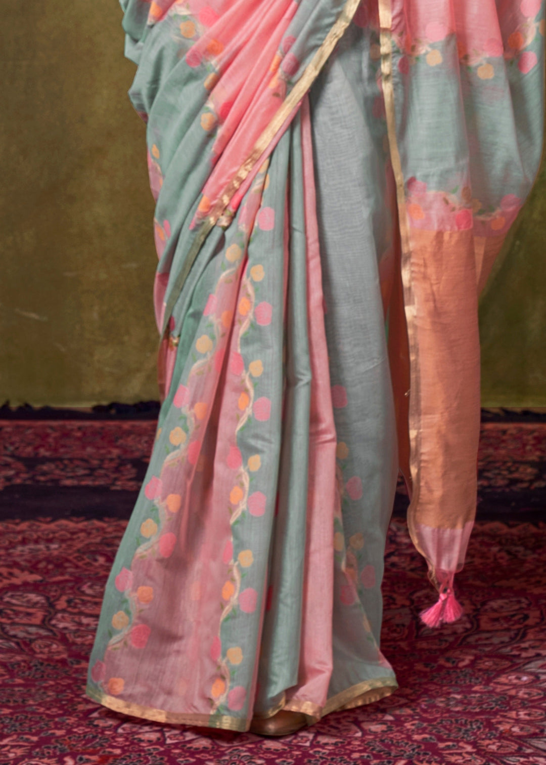 Pink And Blue Cotton Silk Saree With Rangkaat Handloom Weaving